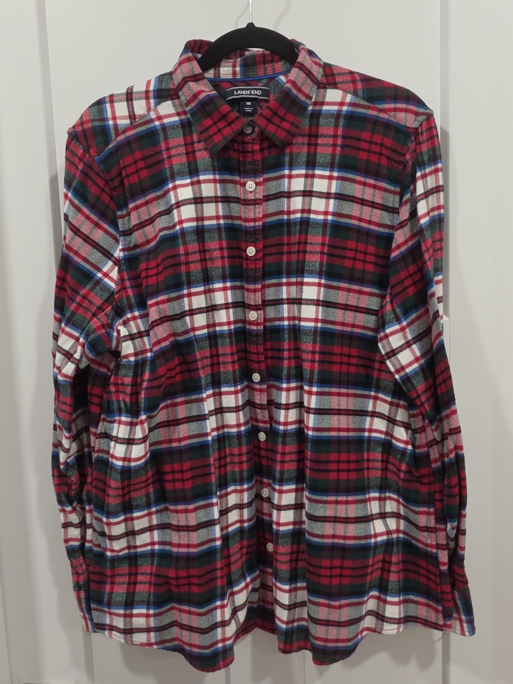 Lands' End Red, White, Blue And Green Plaid Button-Down Shirt